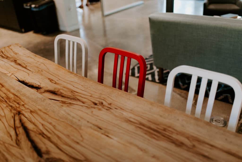 Salvaged wood reused to create the kitchen table at CarbonBetter HQ.