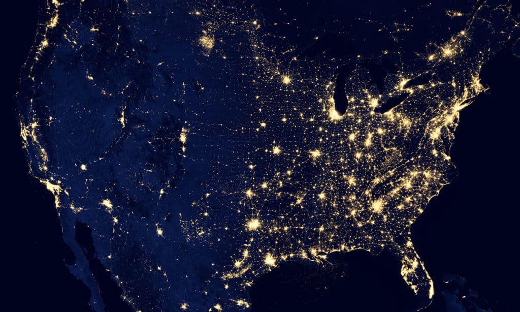 A nighttime aerial view on America.