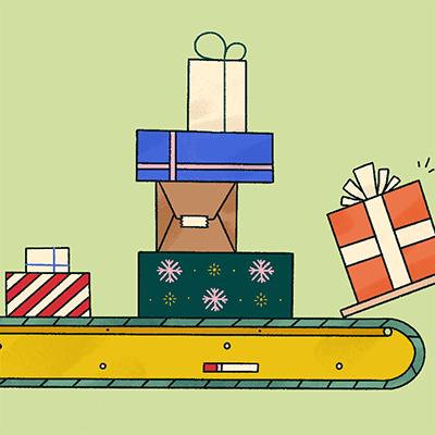 A drawing showing presents on a conveyor belt.