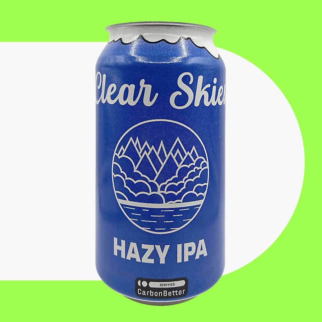 An image of a Clear Skies hazy IPA can with CarbonBetter certified logo on the bottom.