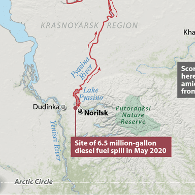 A map of the Russian Artctic, showing the site of the 6.5 million-gallon diesel fuel spill in May 2020.