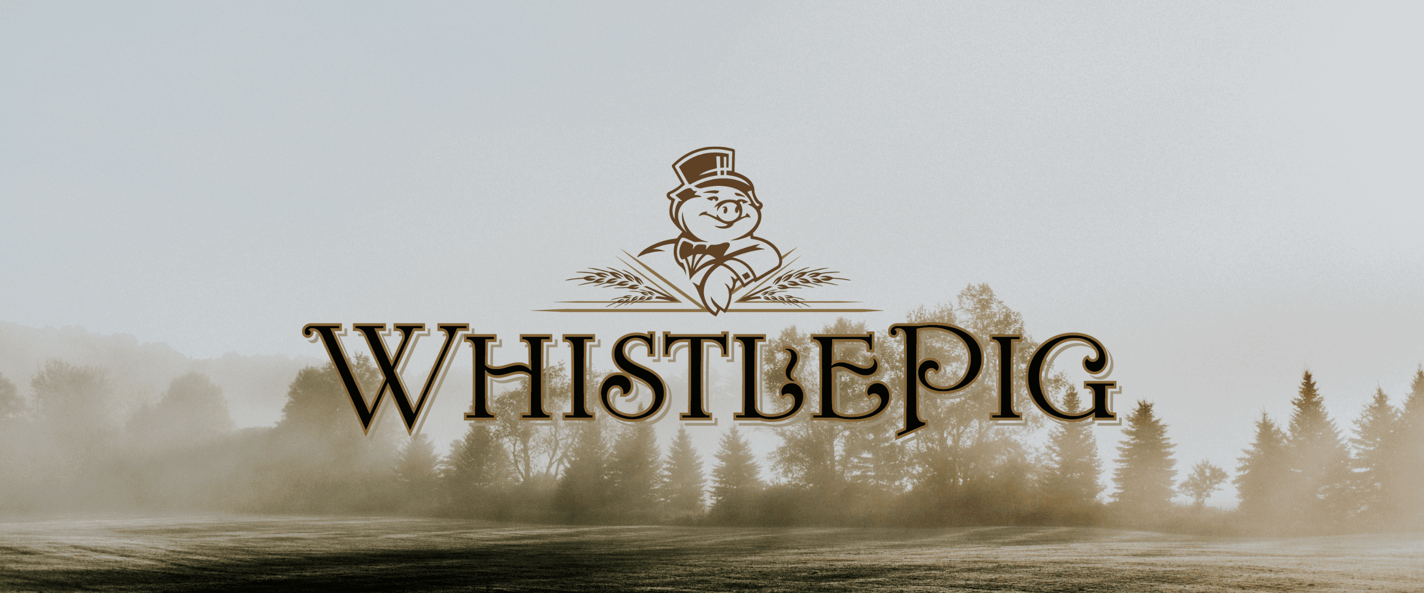 An image showing the WhistlePig logo over a picture of a misty field with a backdrop of evergreens.