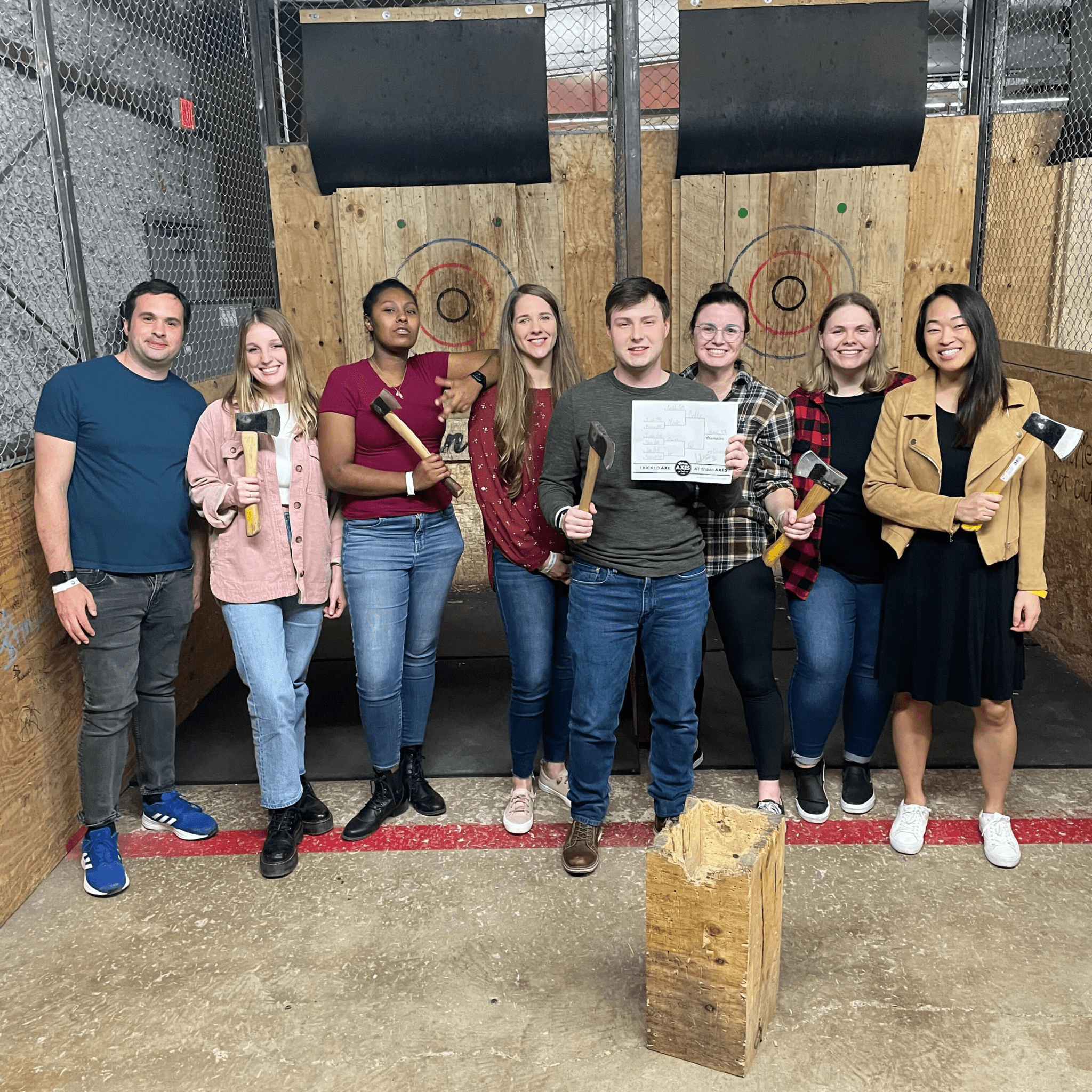 Imani and the rest of the CarbonBetter team at an axe throwing event.