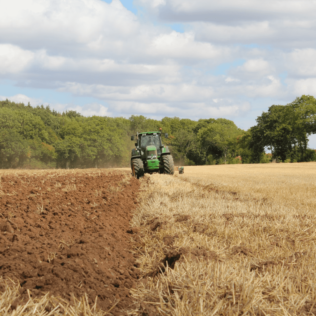 An image of an oncoming tractor plowing a field.