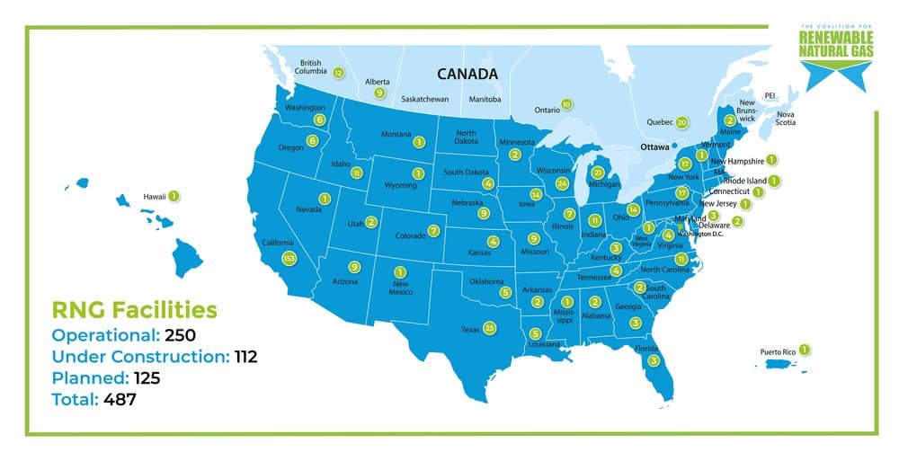 A map of the USA showing where RNG facilities are located.