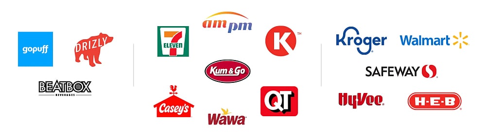 An image showing the logos of retailers where BeatBox beverages are distributed.