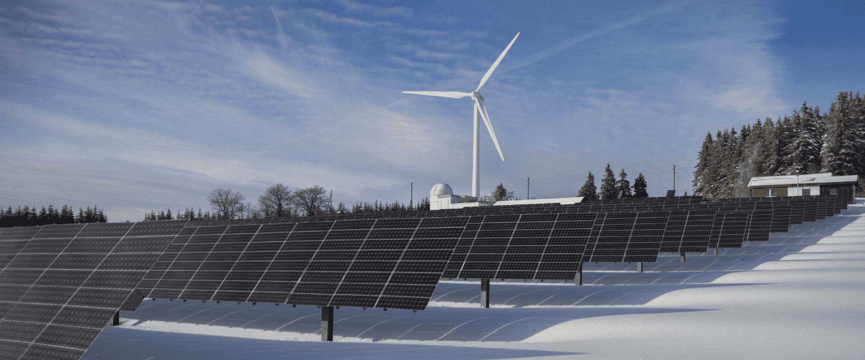 A row of solar panels and a single wind turbine.